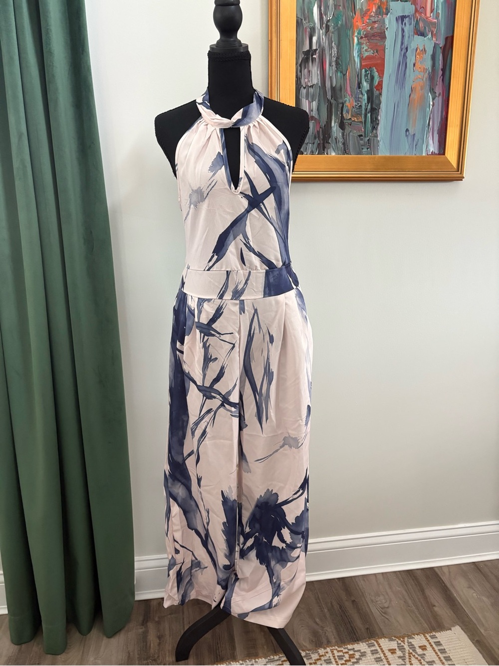Sleeveless Halter Jumpsuit in Blue Brushstroke Print